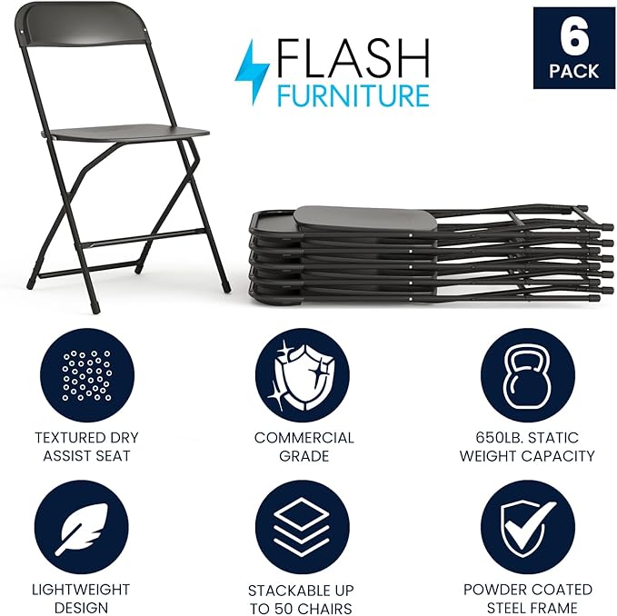 Flash Furniture Hercules Series Plastic Folding Chairs for Parties and Weddings, Stackable Commercial Event Seats with 650-lb. Static Weight Capacity, Set of 6, Black