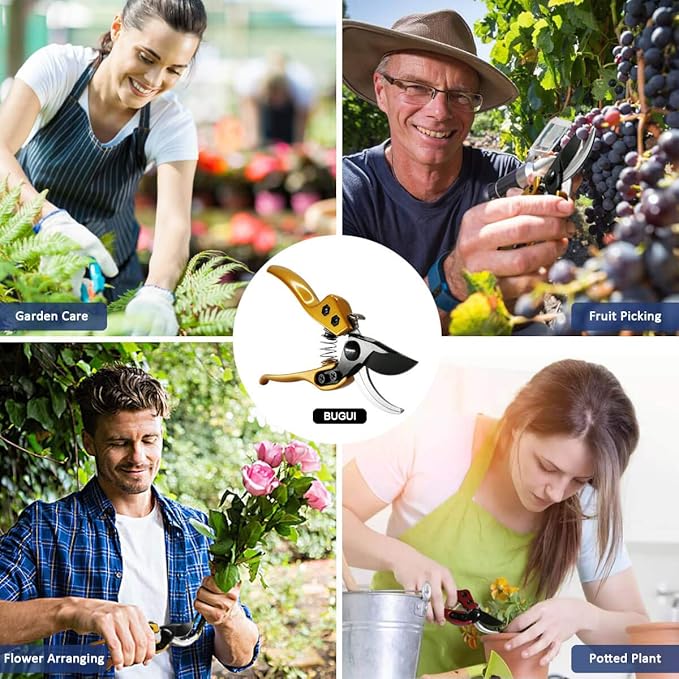 BUGUI 8" Heavy-Duty Pruning Shears, Professional Bypass Gardening Scissors, 1" Cutting Capacity, Sharp Garden Clippers with Low-friction Painted Stainless Steel Blade (Gold)