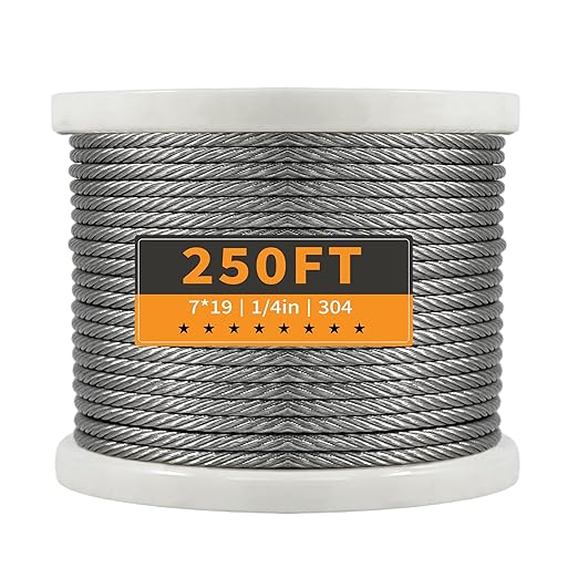 1/4" Stainless Steel Cable, 250FT Wire Rope, 7X19 Strands Aircraft Cable, 6400lbs Breaking Strength, for Zipline, Outdoor, Deck Railing, Heavy Duty Applications, Hanging