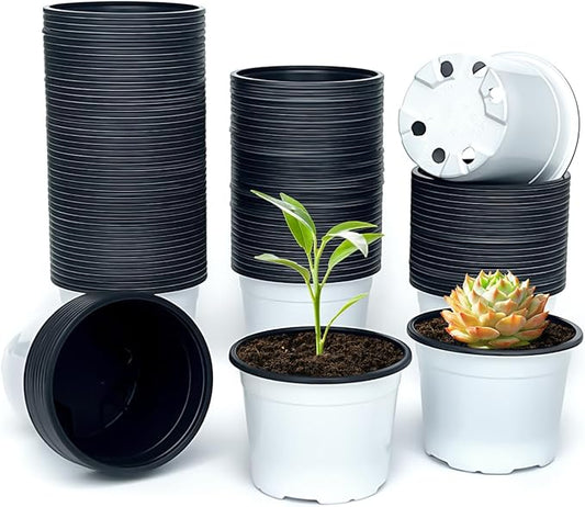 Nursery Pots, 100 Pack 2.8 inch Plastic Plant Pots, Small Flower Pots for Succulents, Seedlings, Flowers, Transplanting（White）