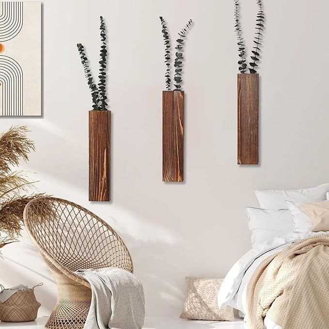 Wooden Wall Planter Set of 3 - Modern Home Decor for Living Room, Bedroom, Bathroom - Walnut Finish Planter for Dried Flowers, Faux Greenery, Indoor Plants