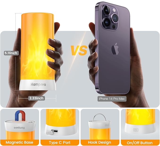 Hompavo 【Upgraded】 LED Flame Lights, 4-Mode Rechargeable Battery Operated Flameless Candles, Waterproof Pillar Flickering Lanterns for Living Room Bathroom Patio Wedding Party Halloween Home Decor