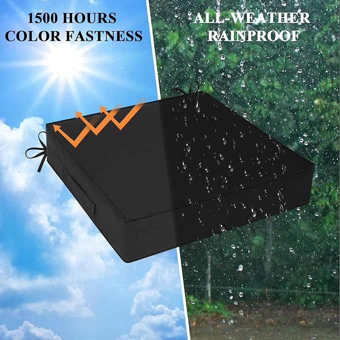 Outdoor Chair Cushions Set of 2 for Patio Furniture 19x19x4 Inch Waterproof Patio Chair Cushion 3 Year Color Fastness Square Elastic Foam Garden Couch Pads with Ties and Handle,Black