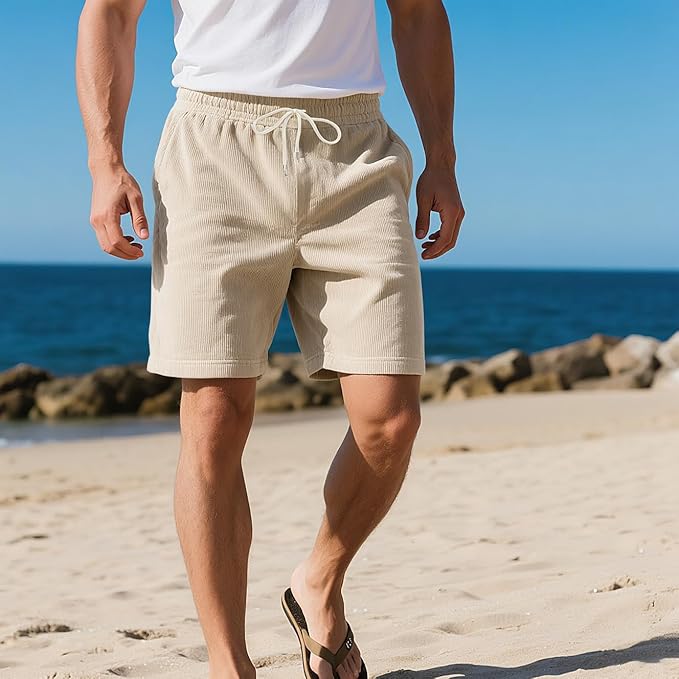 Mens Cargo Shorts Casual Drawstring Elastic Waist Corduroy Summer Beach Shorts with Pockets