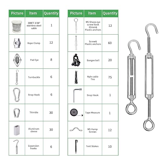 3/38" Wire Cable Rope Kit ，Vinyl Coated 304 Stainless Steel Wire – 300FT 7x7 Strand Cable with Turnbuckles，Shade Sail & Hanging Lights Hardware Kit for Outdoor, Garden,Patio, Crafts,
