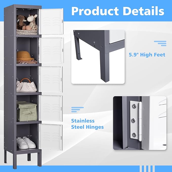 Letaya Storage Locker,5 Door Employees Metal Cabinet with Lock for School Gym Home Office Staff 66" H X 12" W X 12" D