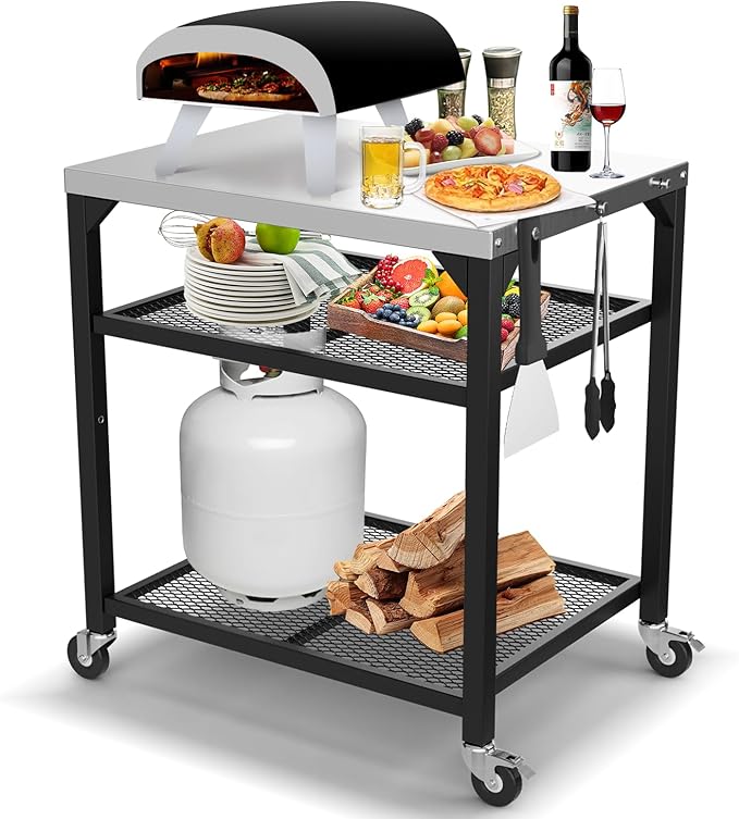 Pizza Oven Table for Ooni, Ninja, Woodfire, Blackstone, Bighorn, Cuisinart, Outdoor Grill Table for Ooni Pizza Oven Accessories, Movable Pizza Oven Stand as Food Prep Cart