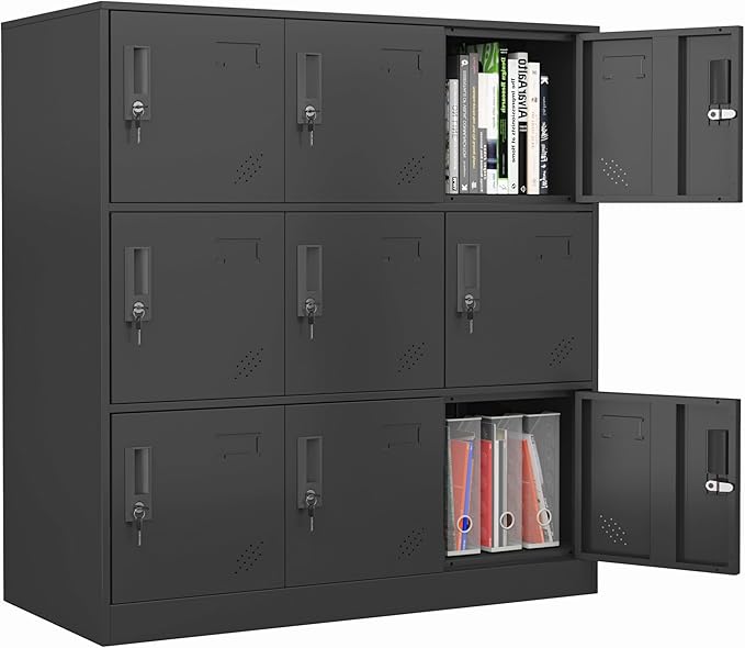 9 Doors Metal Lockers for Employees, Steel Storage Locker with Lock and Card Slot,Lockable Office Metal Storage for School Office Gym Bedroom,Garage (Black)