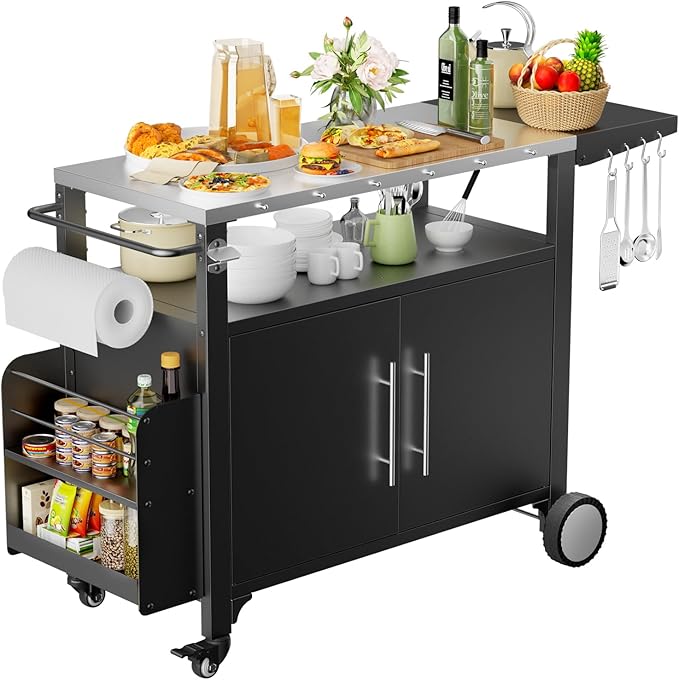 ROOMTEC Outdoor Grill Cart with Storage,Patio Kitchen Island with WheelsHooks and Spice Rack,Waterproof Outdoor Grill Table,Movable BBQ Serving Cart Rolling Bar Cart for Home Party Bar