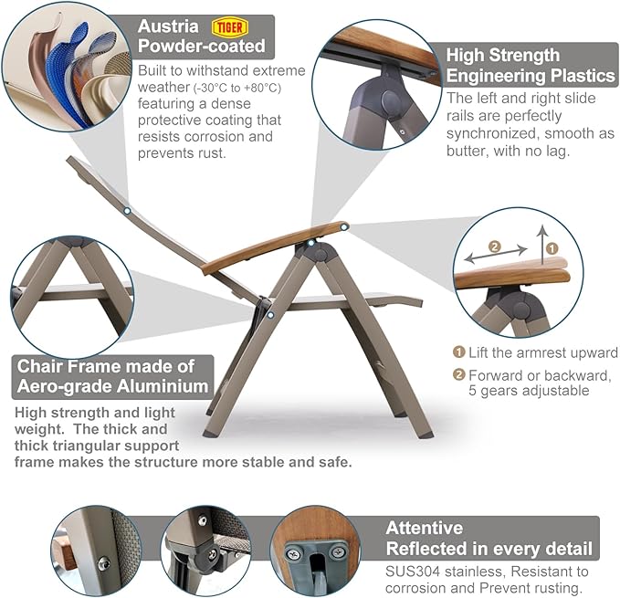 Adjustable Folding Chair, Indoor Bedroom, Outdoor Balcony, Patio, Lawn Yard Beach, Porch, for Comfortable Foldable Lounge Chair, Portable Cozy Recliner, Metal Frame