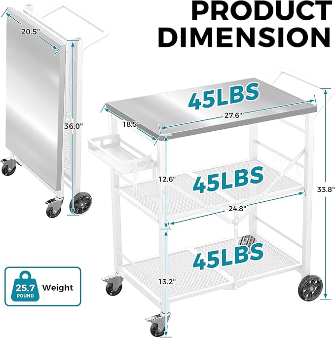 Ciokea Folding Outdoor Grill Cart with Wheels, 3-Shelf Grill Table with 27x18 in Stainless Steel Top, Rolling Pizza Oven Stand, Metal Portable Cart for BBQ Patio Camping (White)