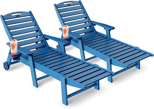 Lounge Chair Outdoor Set of 2, HDPE Chaise Lounge Chair Outdoor with 6-Position & Wheels &Cup Holder, Pool Lounge Chair for Pool Poolside Deck Backyard Patio, Navy Blue