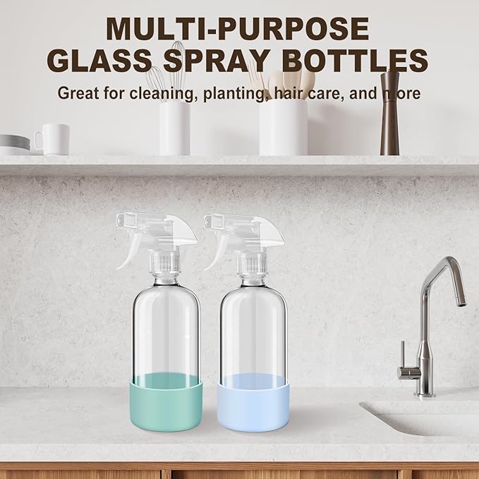 Glass Spray Bottles with Silicone Sleeves (2 Pack, 16 oz), Mist and Stream Empty Refillable Containers, Water Sprayer Misting Bottle for Cleaning Solutions, Planting, Hair Spraying, Green & Grey