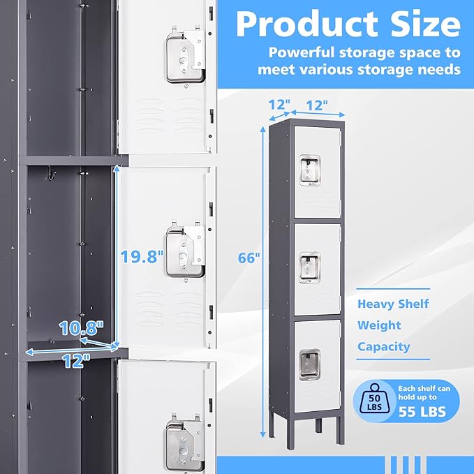 Letaya Storage Locker,66" Employees Metal Cabinet 3 Door Lockable for School Gym Home Office Staff