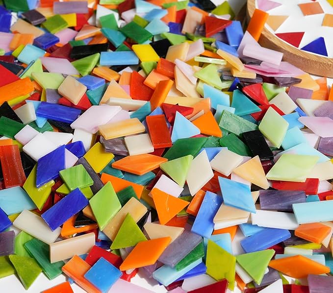 Lanyani 2.3 lbs Bulk Medium Size Stained Glass Tiles for Mosaic Crafts, 700 Pieces Value Pack Glass Mosaic Pieces, Bright Color Mosaic Tile Assortment