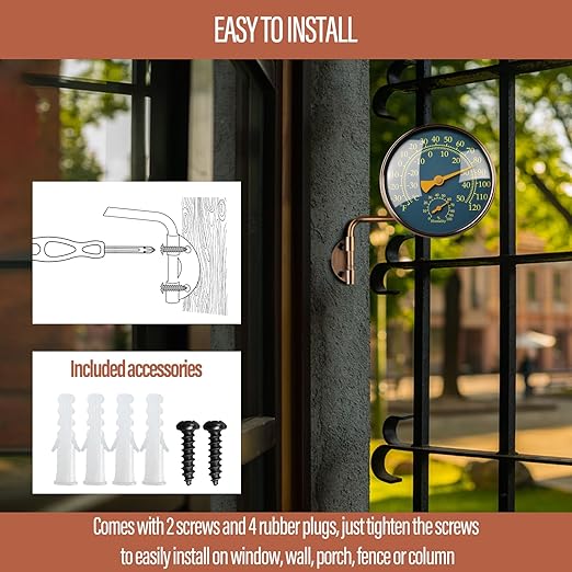 4 Inch Brass Outdoor Thermometer - Analog Temperature Gauge for Patio, Greenhouse and Garage