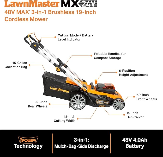 LawnMaster CLMF4819A 48V MAX* 19-inch Brushless Cordless Mower with 2X24V MAX* 4.0Ah Battery and a Dual Charger