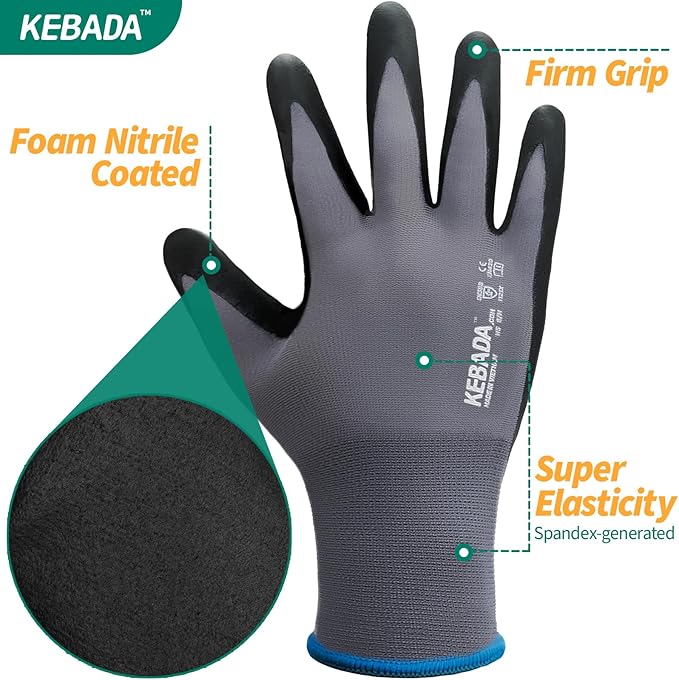Kebada Work Gloves for Men and Women, Foam Nitrile Coated Safety Gloves with Grip, Ideal for Warehouse Package Handling, Gardening, Mechanic and Construction, Medium