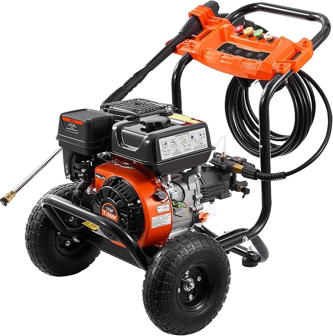 VEVOR Gas Pressure Washer, 3500 PSI 2.6 GPM, Gas Powered Pressure Washer with Aluminum Pump, Spray Gun and Extension Wand, 5 Nozzle Set, for Cars, Fences, Homes, Driveways, Patios Furniture Horizontal