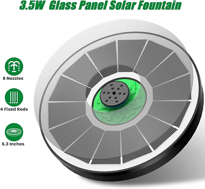 Solar Fountain for Bird Bath Glass - No Battery, 3.5W Solar Bird Bath Fountains Green Flower with 4 Fixed Rods & 7 Nozzles, Solar Powered Water Fountain for Bird Bath,Pond,Pool,Outdoor,Garden