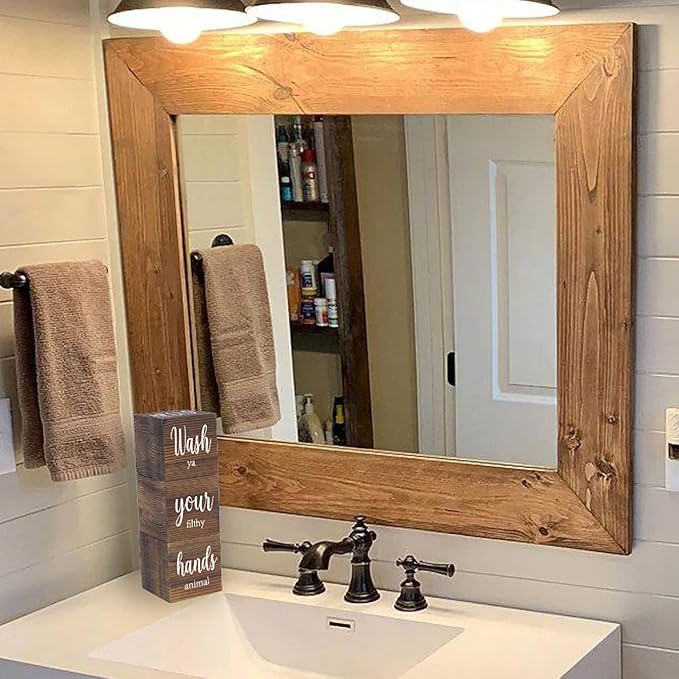 Farmhouse Bathroom Decor, Wooden Cute Restroom Home Decoration, Funny 4-Sided Mordern Rustic Bathroom Blocks, Nice Butt&Get Naked&Hello Sweet Cheeks&Wash Your Hands Sign, Brown 2.8"