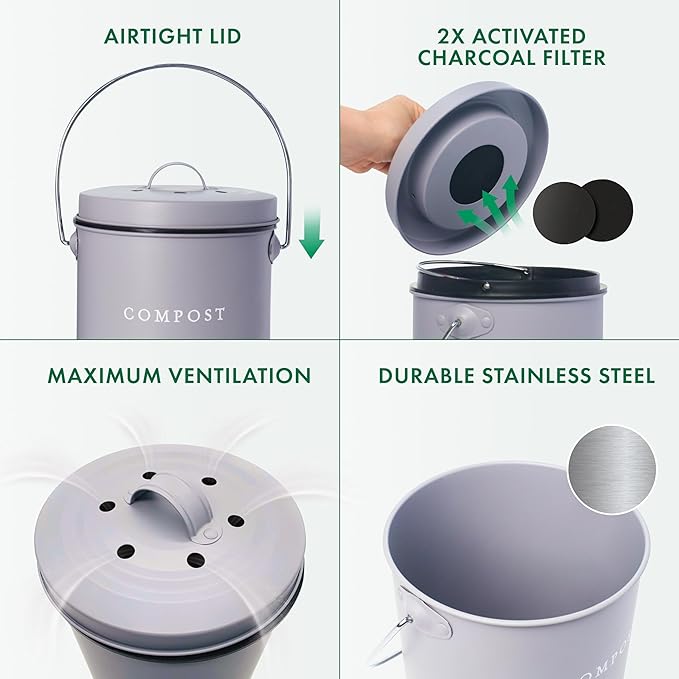 FINESSY Indoor Compost Bin Kitchen Odorless with Lid for Composting Food Waste Bucket for Counters, Stainless Steel Kitchen Compost Bin Countertop Trash Can, Indoor Food Composter Recycler Container