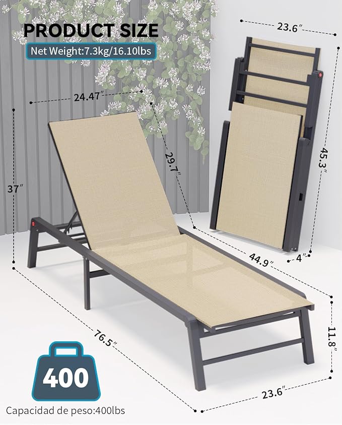 Aluminum Chaise Lounge Chair Outdoor, Foldable Patio Lounge Chair 2 Sets with Table Assemble-Free, Pool Lounge Chairs with 5 Adjustable Backrest, Outdoor Lounge Chairs for Outside Poolside Flaxen