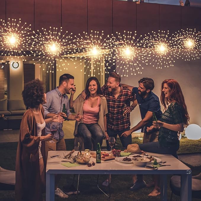 4 Pcs 800 LED Plug-in Starburst Sphere Lights, Firework Lights 8 Modes Dimmable Remote Control Waterproof Hanging Fairy Light, Copper Wire Lights for Patio Party Tent Christmas (Warm White)