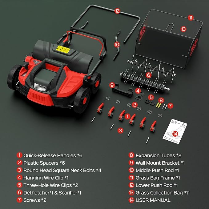16-Inch 15.5 Amp 2-in-1 Electric Dethatcher and Scarifier with 14.5-Gallon Collection Bag, Lawn Dethatcher with 5-Position Adjustment, Quick-Fold, Keeps Lawn Healthy - Red