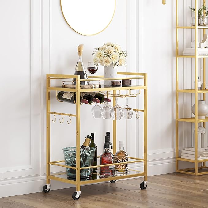 TUTOTAK Bar Cart, Serving Cart for Home, Drink Cart, Mobile Kitchen Shelf with Wine Rack and Glass Holder, Rolling Beverage Cart, Gold BC01BB031