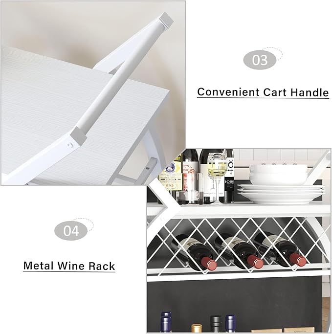 LVB White Bar Cart, Modern Rolling Serving Wine Cart with Storage, Industrial Wood Metal Kitchen Island Beverage Cart with Wheels, Microwave Drink Liquor Cart Table for Home Dining Living, White Oak