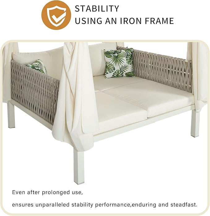 Polibi Outdoor Patio Sunbed with Beige Curtains,Outdoor Sun Lounger Bed with Pillows,Rubber Core Rope Weaving Outdoor Double Chaise Lounge Suitable for Pool,Garden,Beige