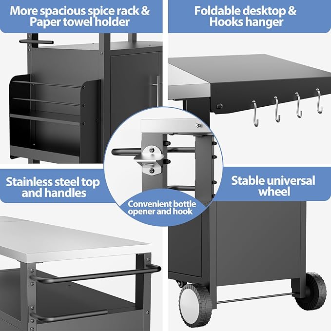 ROOMTEC Outdoor Grill Cart with Storage,Patio Kitchen Island with WheelsHooks and Spice Rack,Waterproof Outdoor Grill Table,Movable BBQ Serving Cart Rolling Bar Cart for Home Party Bar
