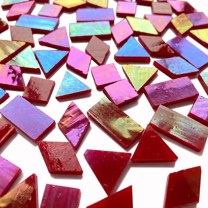 Magic Iridescent Red Glass Mosaic Tiles for Crafts, 280 Pieces Mixed 4 Shapes Stained Glass Sheets, Mosaic Kit Supplies for Adults