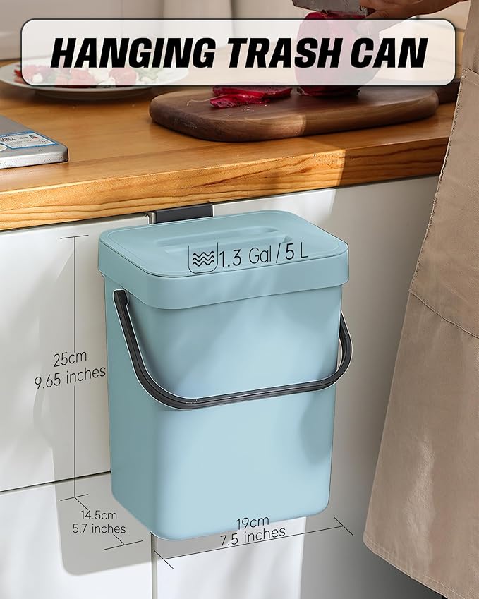1.3 Gallon Small Trash Can with Lid - Countertop Food Waste Bin, Kitchen Hanging Trash Can for Cabinet Door/Under Sink, Small Garbage Can for Desk, 5L(Subtle Blue)