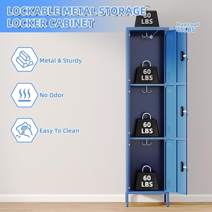 METAN Metal Storage Employees Lockers with 3 Lockable Doors and Hooks,66''H*16''W*16''D Locking Storage Cabinets for Small Spaces,Home,School,Gym,Assembly Required,Blue