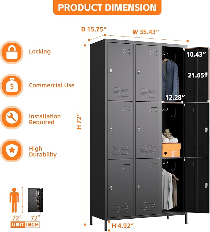 9 Doors Metal Lockers for Employees with 27 Hooks, Storage Locker with Business Card Holder for Office Gym School Bedroom, Assembly Required, Black