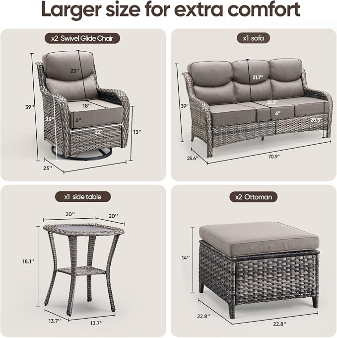 Swivel Patio Chairs sofa Set of 6 - 6" Thick Cushion - Wicker Outdoor Swivel Rocker Patio Chair ,Sofa/Glass coffee table, High Back Comfortable Outdoor Glider Chairs - Grey Wicker | Grey Cushions