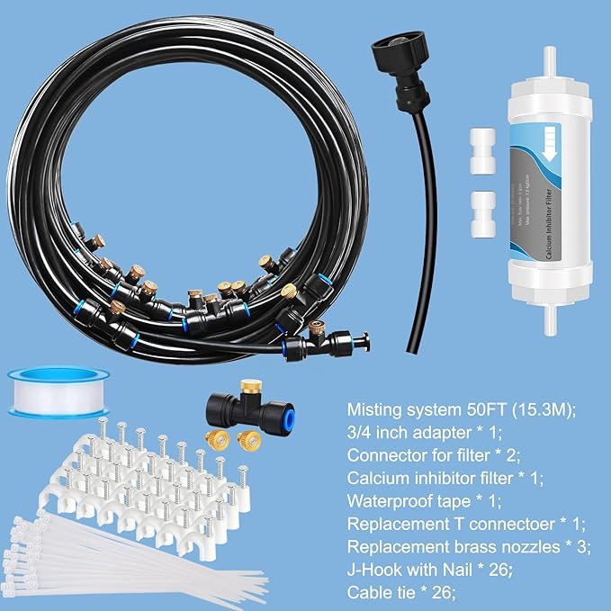 Misting System with Water Filter - Upgraded Signice 50 Ft (15.3M) Line & 12 Brass Mist Nozzles Outdoor Misters for Patio Cooling Mister Systems Kit for Outside Garden Backyard Greenhouse (Black)