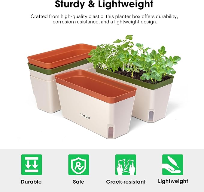 VIVOSUN Self-Watering Planters, 4-Pack 10.5 Inch Compact Rectangular Window Herb Planter Box with 10 PCS Plant Labels, Plant Container for Basil, Flowers, Succulents, Indoor & Outdoor