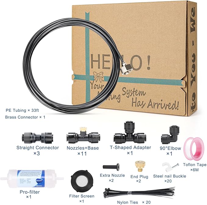 Misters for Outside Patio 32ft– Misting System with Filter and Easy DIY Installation for Garden, Trampoline, and Greenhouse-Ideal for Cooling Patios, and Chicken Coop