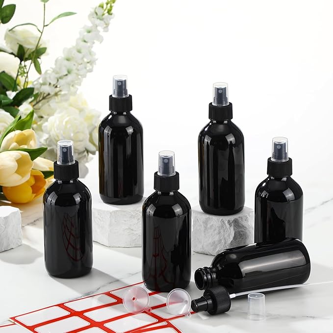 Norme 12 Pcs 8 oz Glass Spray Bottles with Funnels and Labels Refillable Cosmetic Empty Spray Bottles with Sprayer Containers for Essential Oil Cleaning Solutions(Black,Stylish)