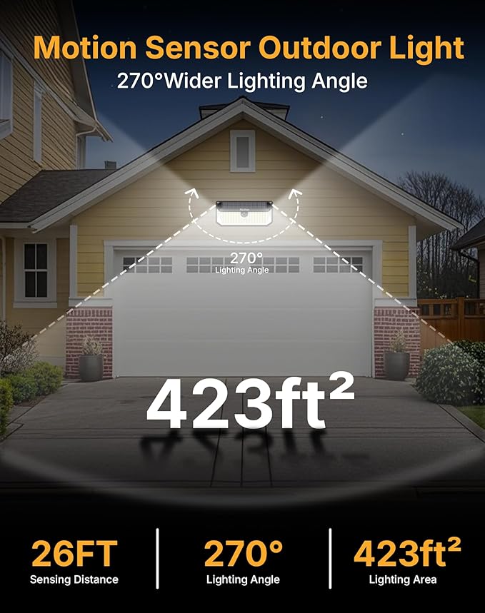 466LED 4000Lm Solar Lights Outdoor Waterproof for Security, 270° Angle & 3 Lighting Modes Motion Sensor Outdoor Lights IP68 Solar Light for Fence Garden Backyard Flood Dusk Garage 2pack