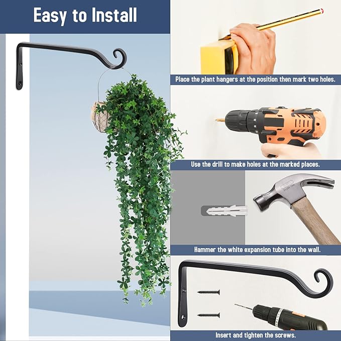 FEED GARDEN Wall Hook Hanging Plant Bracket 10 Inch 2 Pack, Hand-Forged Plant Hanger for Hanging Bird Feeders, Wind Chimes, Flower Baskets, Yoga Mat, Indoor/Outdoor Use, Black