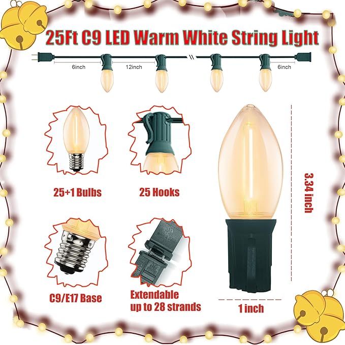 Vintage C9 LED Christmas Lights Outdoor, 25 Feet C9 Warm White String Lights Outdoor with 26 LED Clear Bulbs for Indoor Christmas Tree Roofline Holiday Party Garden Patio Backyard Cafe Decoration