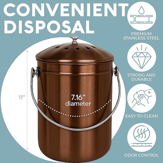 EPICA Countertop Compost Bin Kitchen | 1.3 Gallon | Odorless Composting Bin with Carbon Filters | Indoor Compost Bin with Lid | Stainless Steel Kitchen Composter for Food Scraps & Waste Recycling