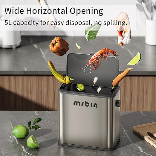 MRBIN Stainless Steel Compost Bin Countertop with Lid, Hanging Trash Can for Kitchen Cabinet Door, Wall Mounted Indoor Recycle Basket Food Waste Scrap Dustbin for Kitchen Under Sink with Inner Bucket