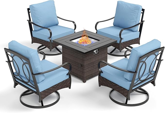 Patio Furniture Set with 32" Fire Pit Table, Patio Conversation Sets 4 Swivel Chairs with Thick Cushion and 50000 BTU Fire Pit Table (5 Pieces,Blue