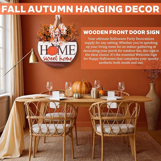 Hello Pumpkin Welcome Wooden Hanging Sign Fall Wreath for Front Door | Fall Autumn Harvest Decor with Bow & Wreath | Farmhouse Rustic Thanksgiving Porch & Wall Plaque | Indoor Outdoor Home Decor