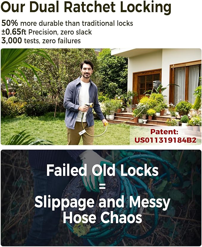 Retractable Garden Hose Reel 5/8 in x 100 ft Metal Bracket, 2025 Upgraded Dual Ratchet Lock UV & Freeze Protection Brass Seal Slow Retraction Anti-Tangle Hose 180°Swivel